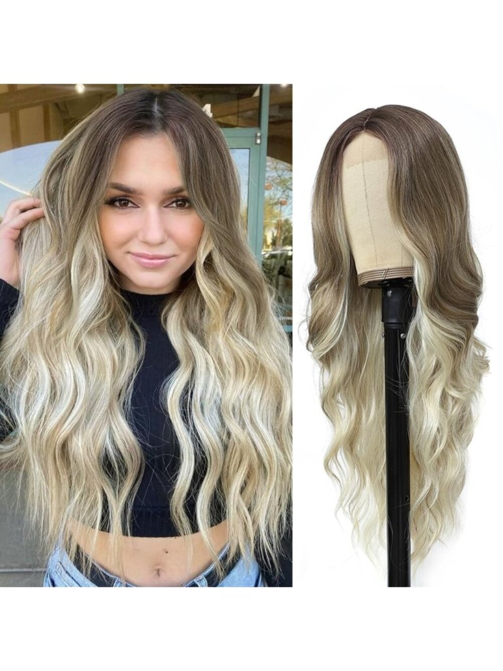 26 Inch Women's Ombre Ash Blonde Long Wavy Curly Hair Wig Halloween Cosplay